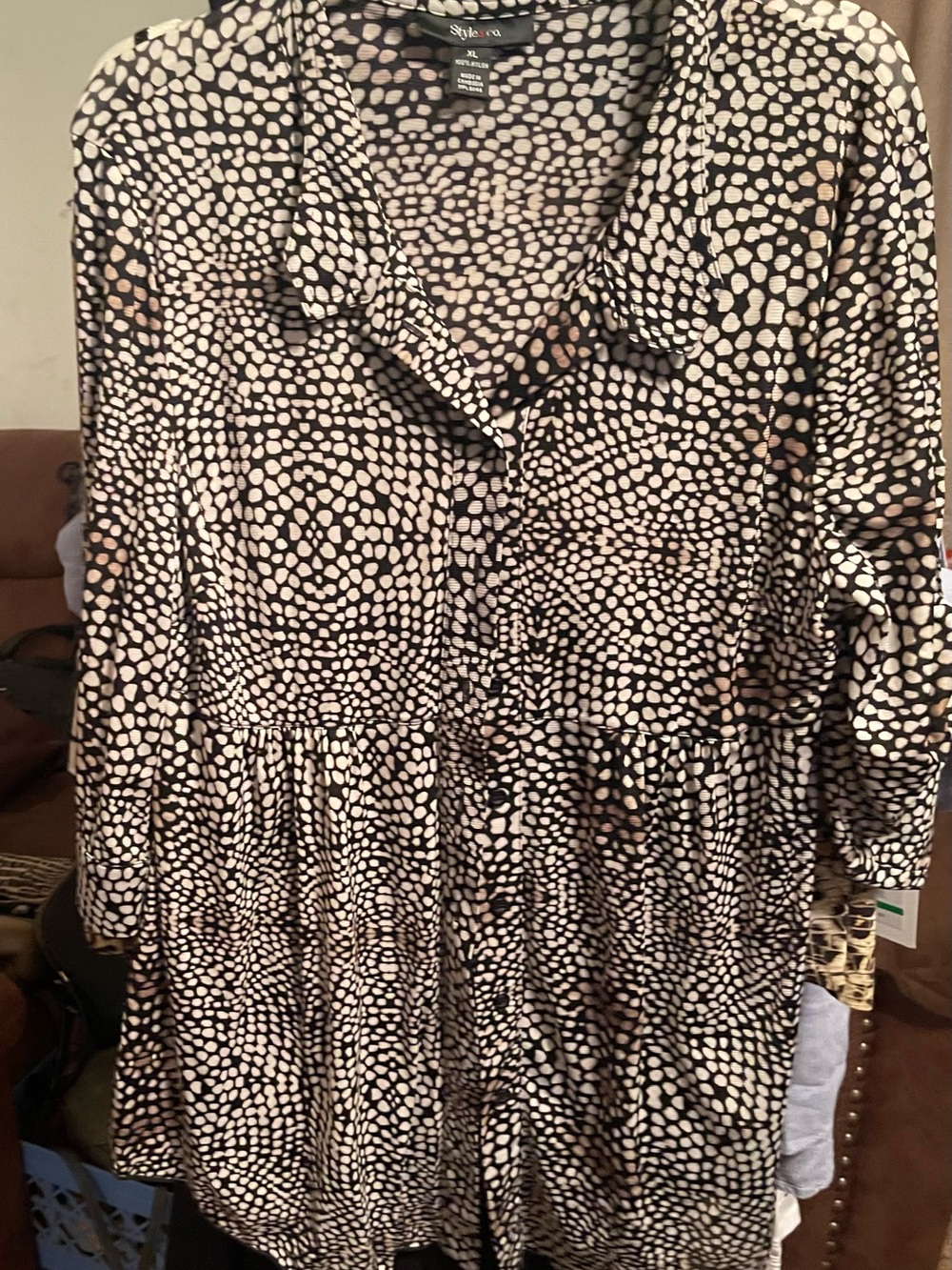 Style & Co. Black and Cream Printed Long-Sleeve Collared Dress